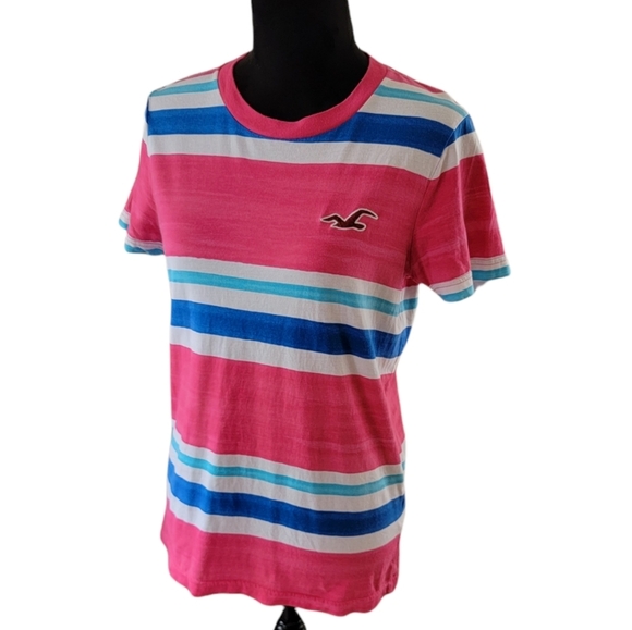 Vintage Women's Y2K 00's Hollister Pink Striped Classic Tee - Picture 2 of 8